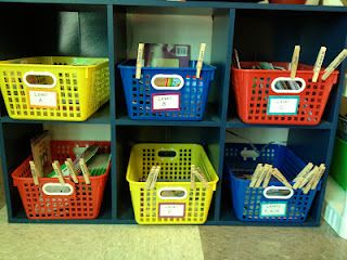 I really like this idea, put a student's name on a clothes pin, during silent reading, the student puts the clothes pin on the basket where they got the book from-the book goes back where it was!!! Book Bins, Teaching Organization, Classroom Organisation, School Management, Setup Ideas, Teacher Organization, Creative Classroom, Reading Classroom, Classroom Library