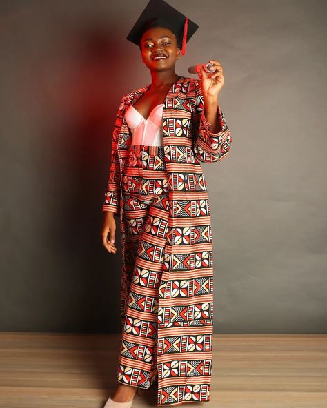 Waterfall, palazzo pants and white corset Graduation Outfit Ideas African, Ankara Graduation Outfit Ideas, Ankara Styles For Graduation, African Graduation Outfits, African Graduation Dress University, Ankara Graduation Dress, African Graduation Dress, Dress For Graduation University, Graduation Outfit Ideas High School