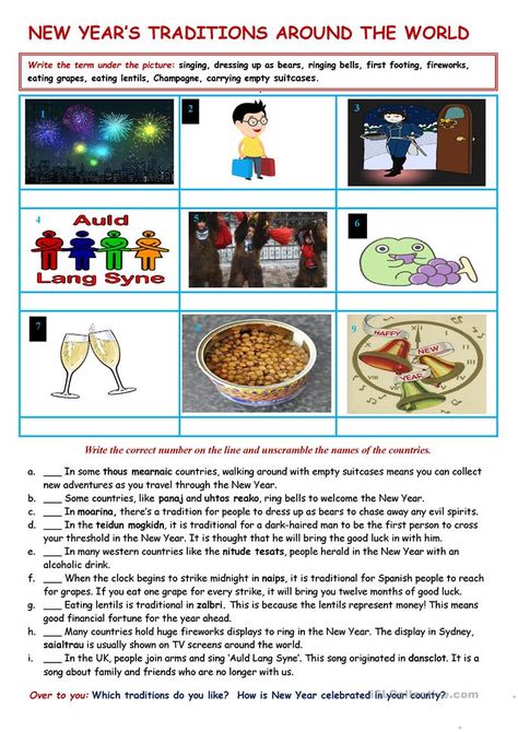 New year's traditions around the world - English ESL Worksheets for distance learning and physical classrooms New Year Around The World, Abc Order Worksheet, Spring Vocabulary, Teach English Online, Summer Worksheets, Creative Lesson Plans, Traditions Around The World, Teaching English Abroad, Spring Words