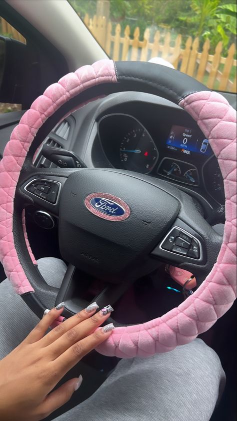 Cute pink steering wheel cover for ford Bedazzled Steering Wheel, Girly Steering Wheel Cover, Pink Wheel Cover, Cute Car Steering Wheel Cover, Cute Wheel Covers, Black Car Pink Accents, Pink Honda, Pink Steering Wheel, Pink Steering Wheel Cover