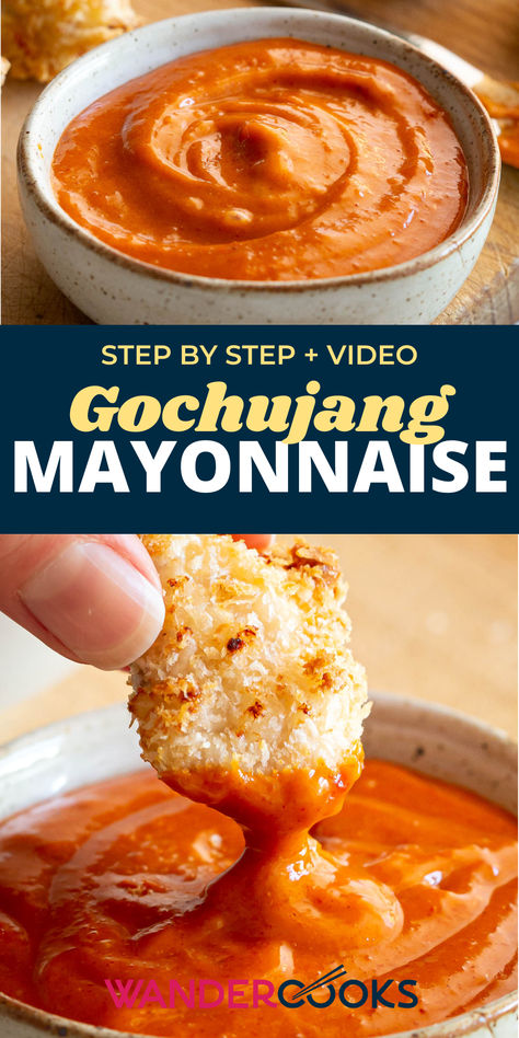 A small dish with red gochujang mayonnaise, and a hand dips a popcorn chicken into the gochujang mayonnaise. Chicken Dipping Sauce, Asian Dipping Sauce Recipes, Dipping Sauce Recipes, Thai Dipping Sauce, Asian Dipping Sauce, Spicy Dipping Sauce, Dipping Sauces Recipes, Salsa Dip, Potluck Recipes