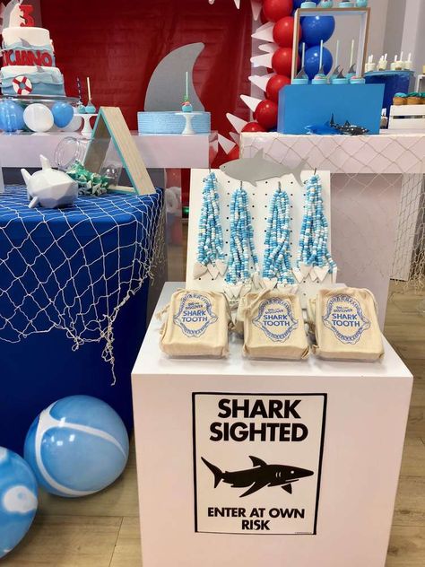 Jawsome birthday party | CatchMyParty.com Jawsome Birthday, Sharks Birthday Party, Shark Themed Party, Shark Photos, Party Dessert Table, Shark Birthday Party, Themed Desserts, Tiger Shark, Shark Party