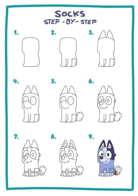 How To Draw Bluey Characters Step By Step, How To Draw Bingo, How To Draw Bluey And Bingo Step By Step, How To Draw Bluey Characters, How To Draw Socks, How To Draw Bluey, Draw Cartoon Characters, Trin For Trin Tegning