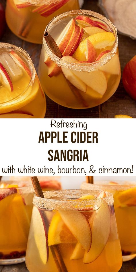 This refreshing Apple Cider Sangria is made with white wine, bourbon, apple cider, bourbon, pomegranate, orange slices, & cinnamon for a perfect Fall cocktail! This Fall sangria with apple cider also makes a great Thanksgiving Sangria full of warming spices & fresh fruit. The best Fall Sangria recipe for a crowd! #sangriarecipe Fall Sangria Recipes White, Harvest Sangria, Apple Sangria Recipes, Thanksgiving Sangria, Apple Cider Sangria Recipe, Fall Sangria Recipes, Autumn Drinks, Party Boards, White Sangria Recipe