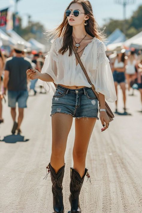 65+ Black Cowboy Boots Outfit Ideas for Summer 2024 - From The Guest Room Cowgirl Shorts Outfits, Shorts And Cowboy Boots Outfit, Black Cowboy Boots Outfit, Shorts And Cowboy Boots, Boots Outfit Ideas, Cowboy Boots Outfit, Outfit Ideas For Summer, Black Boots Outfit, Boots Outfits