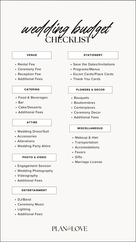 Your Complete Wedding Budget Checklist | Plus Tips | Wedding Planning | Plan In Love plannerprintables #americanweddings📊 Planning A Cheap Wedding, Wedding List Checklist Budget, Simple Wedding Plan, Things To Consider When Planning A Wedding, Luxury Wedding On A Budget, Micro Wedding Budget, How To Plan A Wedding On A Budget, How To Start Planning A Wedding, How To Plan A Wedding