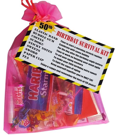 50th Birthday Survival Kit For Women, 50th Birthday Survival Kit, Morning Stretch Routine, Sweets To Make, Aging Paper, Tea Sachet, Birthday Survival Kit, Nescafe Gold Blend, Funny 50th Birthday Gifts