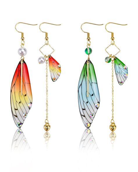 PRICES MAY VARY. You can get: 2 pairs of asymmetric earrings in total. Different colors bring you different moods. Style and Design: Cottagecore/fairycore/Nature/Fairy Grunge style. Material: Our butterfly wing earrings are composed of resin, alloy, rhinestones. 14K electroplating process, shiny and not easy to fade. Lightweight, can be worn for long periods of time without straining the ears and causing pain. FAIRY EARRINGS CRAFT: Our women's fairy wing earrings are beautifully crafted and feat Fairies Aesthetic, Fairy Wing Earrings, Butterfly Fairy Wings, Fairy Earrings, Dragonfly Wings, Butterfly Wing Earrings, Asymmetrical Earrings, Butterfly Fairy, Diamond Dangle Earrings