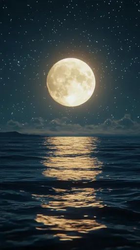 ↑↑↑ Larger size on website 🔸 A large, full moon shines brightly in the night sky, illuminating a vast, dark ocean with its soft, Moonlight On Ocean, Moon And Ocean Aesthetic, Night Ocean Painting, Moonlight On Water, Moon Bookmark, Clear Night Sky, Dark Ocean, Moon Photo, Ocean At Night