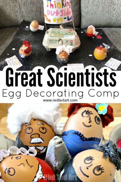 Need ideas for an Egg Decorating Competition? If you love Scientists have a go at our Thinking Outside the Box Egg Decorating Project: Great Scientist Eggs #easter #eggs #decorating #competition #science #scientists #steam School Egg Decorating Ideas, Egg Decorating Contest, Egg Decorating Competition, Easter Egg Competition Ideas, Great Scientists, Crafts By Season, Red Ted Art, Science Decor, Egg Box