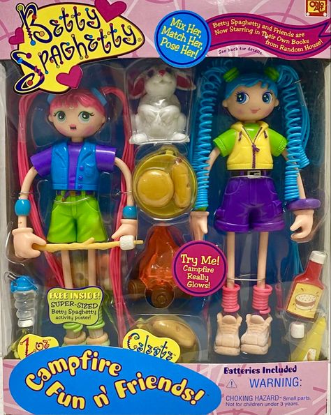 New in box: two Betty Spaghetti dolls Zoe with pink hair and Celeste with blue hair are dressed in camping gear Betty Spaghetti Doll, Betty Spaghetti, Betty Spaghetty, Campfire Fun, Youtube Aesthetic, Cookbook Design, Kidcore Aesthetic, Old Toys, Toy Store