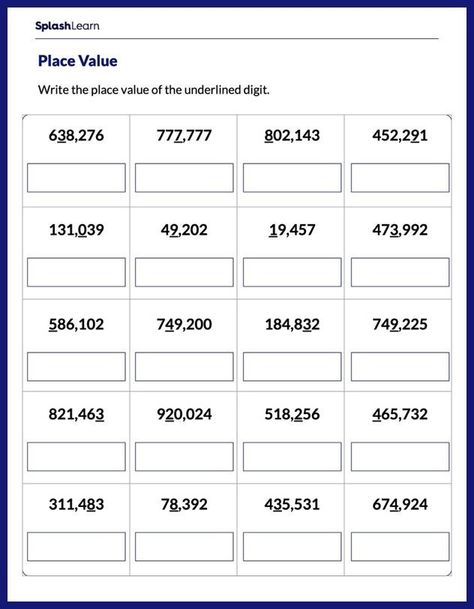 Write the Place Value of Underlined Digits - Math Worksheets - SplashLearn Writing Sentences Kindergarten, Teaching Math Elementary, Mental Maths Worksheets, Place Value Activities, Place Value Chart, Place Value Worksheets, Decimals Worksheets, 4th Grade Math Worksheets, Coloring Worksheet