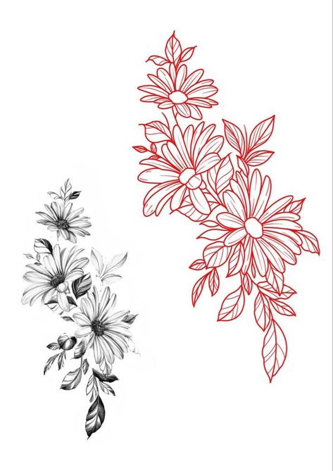 Back Of Thigh Flower Tattoo, Flowers And Geometry Tattoo, Aster Tattoo Flower, Flower Half Sleeve Tattoos For Women Floral Art Designs, Floral Tattoo Linework, Long Flower Tattoo Design, Stencil Flower Tattoo, Asters Flower Tattoo, Flower Upper Arm Tattoos For Women