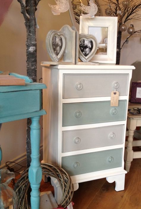 Drawers painted in Old White, Duck Egg Blue and Paris Grey Chalk Paint Bedroom Furniture, Muebles Shabby Chic, Grey Bedroom Furniture, Painted Bedroom Furniture, Painted Furniture Colors, Duck Eggs, Paris Grey, White Bedroom Furniture, Distressed Furniture