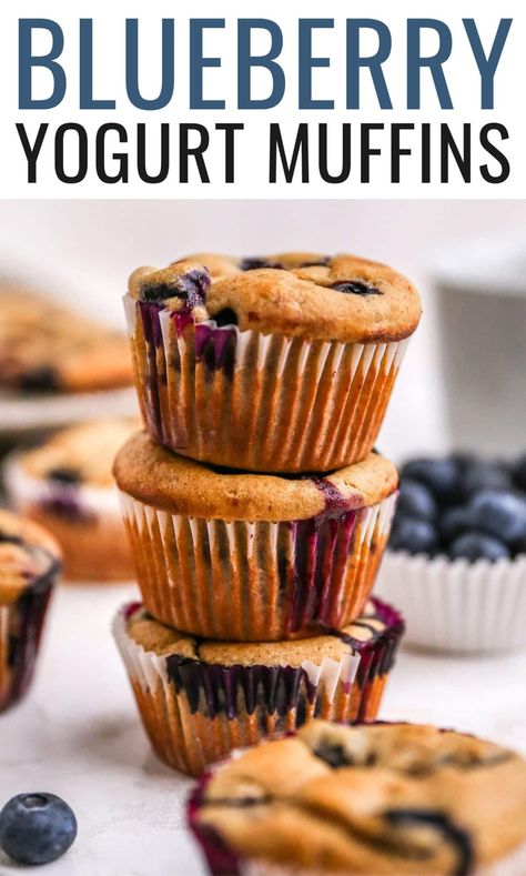 These healthy yogurt muffins are made with whole wheat flour, Greek yogurt, maple syrup and studded with fresh blueberries. They're perfectly moist, fluffy and absolutely delicious. Yoghurt Muffins, Paleo Blueberry Muffins, Blueberry Yogurt Muffins, Blueberry Protein Muffins, Healthy Blueberry Muffins, Baking With Coconut Flour, Banana Blueberry Muffins, Yogurt Muffins, Lemon Blueberry Muffins