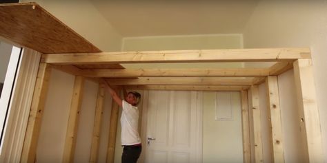 Build an Overhead Loft for a Small Room - How to Build a Lofted Space Adult Loft Bed, Bedroom Storage For Small Rooms, Loft Beds For Small Rooms, Build A Loft Bed, Small Room Diy, Mezzanine Bed, Beds For Small Rooms, Loft Bed Plans, Diy Loft Bed