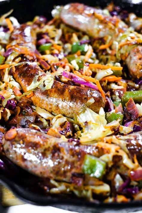 Keto Sausage And Cabbage, Sausage Cabbage Skillet, Sausage And Cabbage Skillet, Sausage And Cabbage, Cabbage Skillet, Low Carb Comfort Food, Brats Recipes, Bratwurst Recipes, Keto Sausage