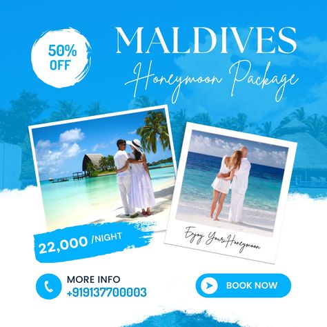 🌴 Escape to Paradise with Our Maldives Honeymoon Package! 💑 Celebrate your love in the stunning Maldives, where crystal-clear waters and white sandy beaches create the perfect romantic setting. With HRM Holidays, enjoy a luxurious honeymoon experience at an unbeatable price of ₹22,000 per night, with a special 50% discount! Book now and make memories that will last a lifetime in one of the world's most beautiful destinations. Contact us: 📞 +91 9137700003 📧 Info@hrmholidays.com 🌐 hrmholiday... Digital Visiting Card, Maldives Tour Package, Maldives Tour, Affordable Honeymoon, Honeymoon Tour Packages, Thailand Honeymoon, Maldives Honeymoon, Maldives Beach, Visit Maldives