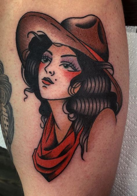 Done by @ joey.cowboy in Allstar tattoo, Limerick, Ireland Full colour traditional, inside bicep, woman, tattoo Traditional Tattoo Of A Woman, Western Chest Tattoo, Cowgirl Boots Tattoo, Lady Tattoo For Men, American Traditional Cowgirl Tattoo, American Traditional Cowgirl, American Traditional Cowboy Tattoo, American Traditional Cowboy, Traditional Cowgirl Tattoo