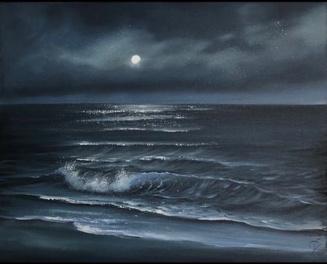 Moon Over The Ocean, The Ocean Painting, Creative Moodboard, Ocean Art Painting, Moody Painting, Sea Drawing, Ocean At Night, Underwater Painting, Dark Aesthetics