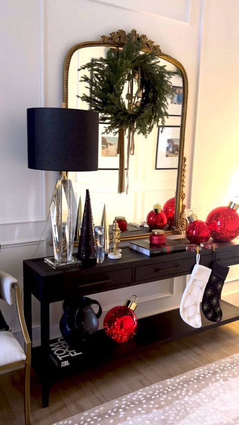 Bedroom Console Table, Holiday Entryway Decor, Black Entryway Table, Bedroom Console, Console Table Dining, Gleaming Primrose Mirror, Broadmoor House, Diy Vase Decor, Primrose Mirror