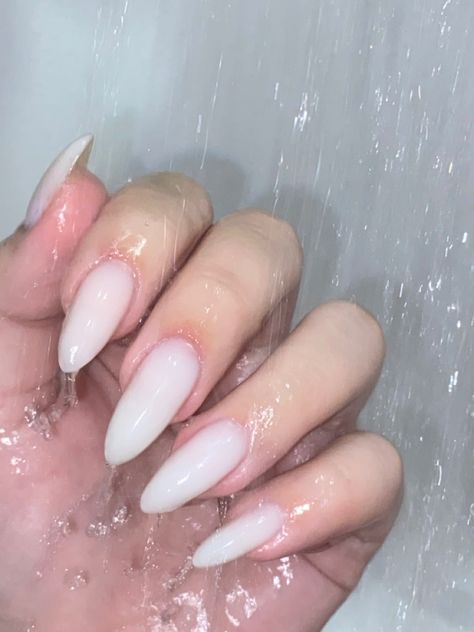 Long Almond Milky Nails, Full White Nails Almond, Milky Almond Nails, Matte Almond Nails, Milk Nails, White Almond Nails, Milky Nails, Super Cute Nails, Drip Nails