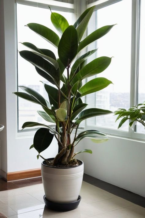 Want a lush rubber plant? Rubber Plant Outdoor, Rubber Plant Indoor Decor, Rubber Plant Indoor, Rubber Plant Care, Rubber Tree Plant, Indoor Greenhouse, Rubber Plant, Indoor Plant Care, Rubber Tree