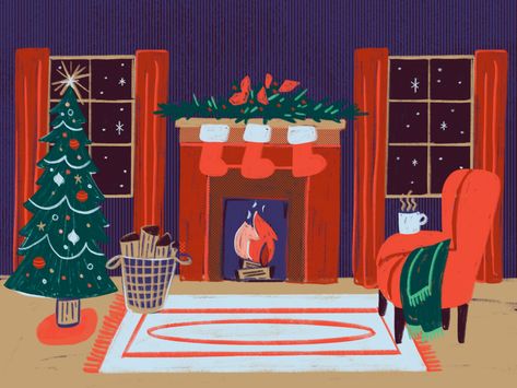 Christmas Decor Printable, Living Room Illustration, Christmas Illustration Design, Printable Christmas Decorations, Room Illustration, Cozy Christmas Living Room, Christmas Living Room, Scene Art, Christmas Living Rooms