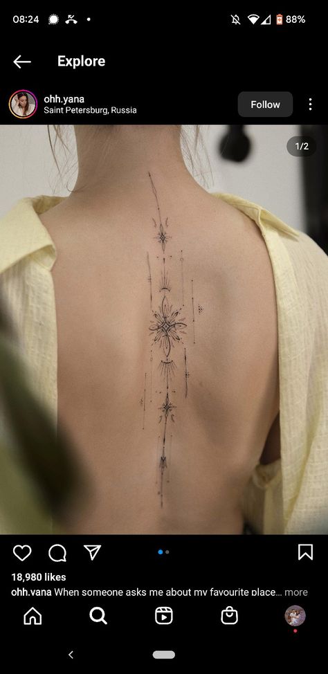 Geometric Spinal Tattoo, Dot Work Spine Tattoo, Spine Tattoos For Women Edgy, Back Tattoo Women Spine Unique Meaning, Ornament Spine Tattoo, Art Nouveau Spine Tattoo, Full Length Spine Tattoo, Goth Back Tattoo Women Spine, Spine Tattoos Ornamental