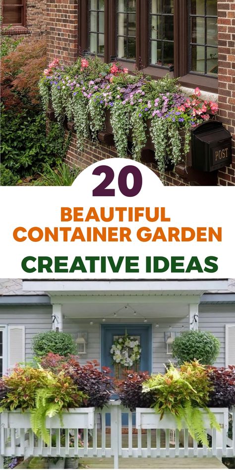 Turn your patio or balcony into a serene retreat by crafting a delightful container garden. Experiment with an array of flowers, herbs, and petite veggies to cultivate a lively and efficient garden in compact areas. Opt for containers in different sizes and designs to introduce visual appeal, arranging them strategically for an aesthetically pleasing exhibit. Enhance space utilization by including trellises or vertical planters. Revel in the beauty of nature just steps away with your charming co Cascading Flowers For Planters, Shade Container Garden Ideas, Balcony Flowers Box Planters, Outdoor Container Gardening Ideas, Garden Planting Ideas, Gardening Containers, Patio Container Gardening, Container Gardening Ideas, Diy Container