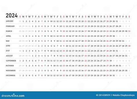 The calendar is linear for 2024. Vector. The planner of the annual calendar. A schedule template with months. The week starts on Sunday. Horizontal, landscape orientation, English. Linear Calendar, Calendar Illustration, Horizontal Landscape, Annual Calendar, Landscape Orientation, The Calendar, Schedule Template, White Line, Calendar Design