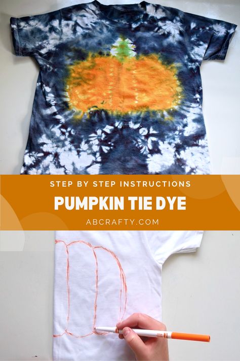 top photo of a tie dye pumpkin shirt and the bottom photo is drawing half a pumpkin onto a folded shirt with the title "pumpkin tie dye" Fall Tie Dye Shirts Diy, Fall Tshirt Design Ideas, How To Do Tie Dye Shirts, Tie Dye Pumpkin, Fall Tie Dye Shirts, Tye Dye Pumpkin Shirt Diy, Fall Tie Dye, Halloween Tie Dye Shirts, Halloween Tye Dye Shirts