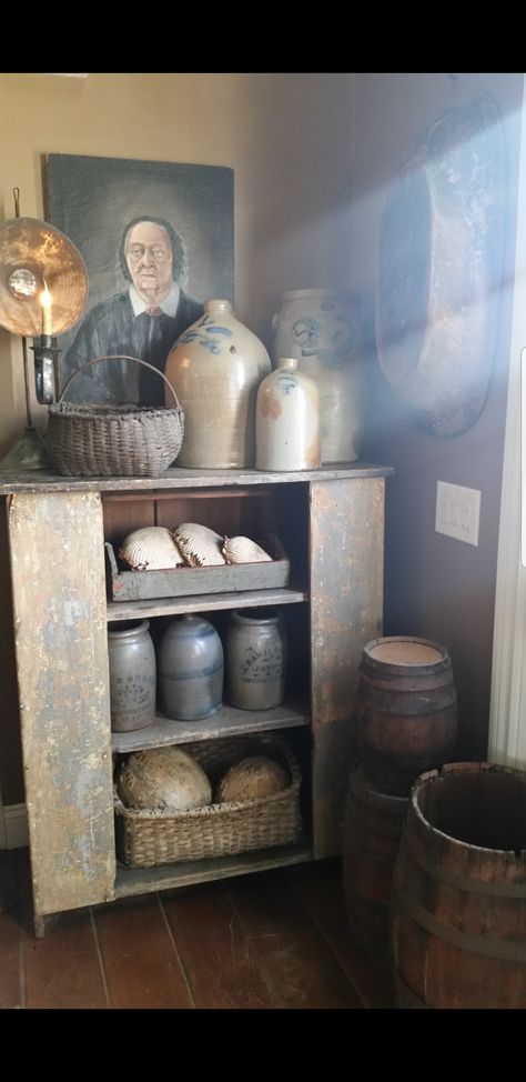 Decorating With Antique Crocks, Crock Decor, Primitive Crocks, Primitive Kitchens, Early American Decor, Antique Jug, Antique Crocks, Old Crocks, Primitive Design