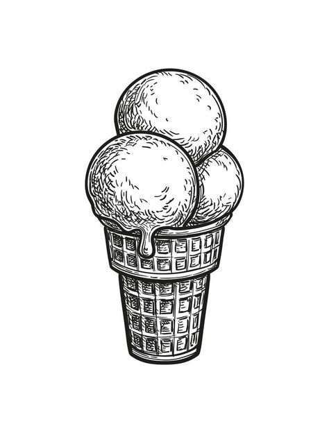 Three scoops of ice cream in a waffle cup. Ink sketch isolated on white background. Hand drawn vector illustration. Retro style. Ice Cream In A Cup Drawing, Ice Cream Scoop Drawing, Ice Cream Sketch, Ice Cream Drawing, Scoops Of Ice Cream, Ice Cream Logo, Ice Cream Illustration, Logo Sketches, Hand Drawn Vector Illustrations