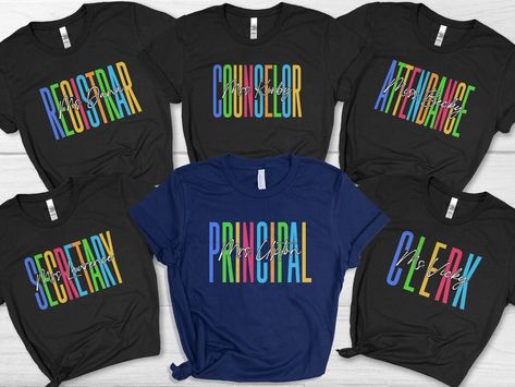 Rainbow Custom Principal Shirt, Personalized School Secretary TShirt, Custom Name Counselor Registrar Appreciation Gift Elementary Clerk Tee by Mioqlo Elementary Secretary, Rainbow Spectrum, School Secretary, Real Estate Shirts, Tshirt Custom, Classroom Community, Nursing Shirts, Branded Shirts, School Shirts