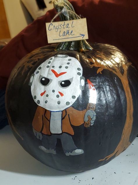 Pumpkin Painting Michael Myers, Jason Painted Pumpkin, Chucky Painted Pumpkin, Scary Pumpkin Painting Ideas Creative, Pumpkin Painting Ideas Horror, Freddy Krueger Pumpkin Painting, Jason Pumpkin Painting, Jason Voorhees Pumpkin Painting, Saw Pumpkin Painting