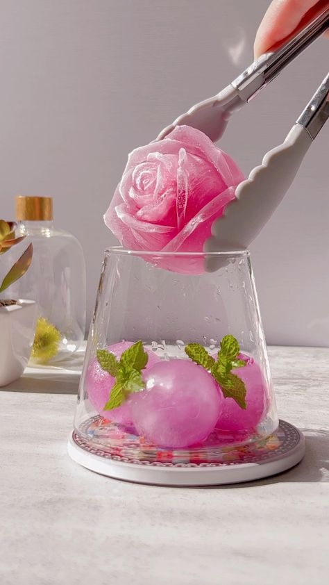 Ice Rose Aesthetic, Pink Bridal Shower Decor, Cherry Desert, Rose Drinks, Rose Ice Cubes, Cafe Journal, Pretty In Pink Bridal Shower, Hijiri Byakuren, Grape Syrup