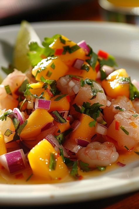 Peruvian Ceviche with Mango is a delicious and nutritious choice for any mealtime! 🥭🍤 Made with fresh fish, zesty lime, and sweet mango, this ceviche is a delightful blend of tropical flavors and refreshing textures. Quick to prepare and bursting with vibrant goodness, Peruvian Ceviche with Mango is perfect for a refreshing appetizer or a light meal. Indulge in this vibrant twist on a classic favorite today! 😋🌿 #PeruvianCeviche #TropicalFlavors #HealthyEating #RefreshingMeals Mango Shrimp Ceviche, Ceviche With Mango, Peruvian Ceviche, Peruvian Food, Delicious Seafood Recipes, Shrimp Ceviche, Plantain Chips, Pisco Sour, Refreshing Food