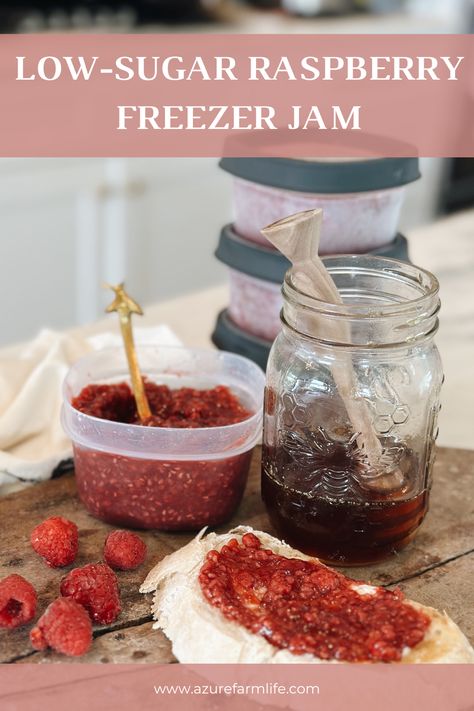 Fresh, Juicy, Low-sugar Raspberry Freezer Jam Raspberry Freezer Jam Recipe, Low Sugar Jam Recipes, Raspberry Freezer Jam, Low Sugar Jam, Strawberry Freezer Jam, Freezer Jam Recipes, Canning Vegetables, Freezer Jam, Raspberry Recipes