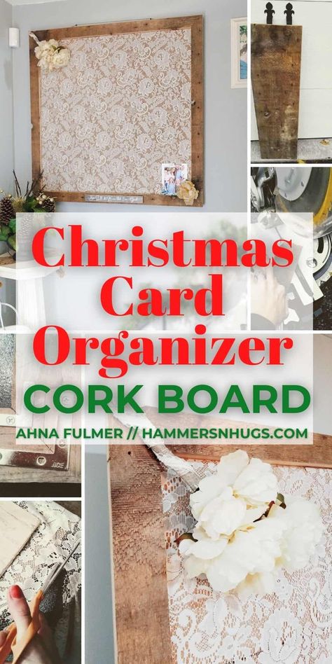 A super cute Christmas card idea - use free pallet wood to make this farmhouse-style cork board to display your cards all year round. Tap on this pin to get this DIY tutorial and more with Ahna Fulmer // HammersNHugs.com. #corkboard #easyproject #diyproject Cork Board Organization, Christmas Card Holder Display, French Country Cottage Christmas, Displaying Family Pictures, Free Pallets, Wood Centerpieces, Cork Boards, Old Barn Wood, Cottage Christmas