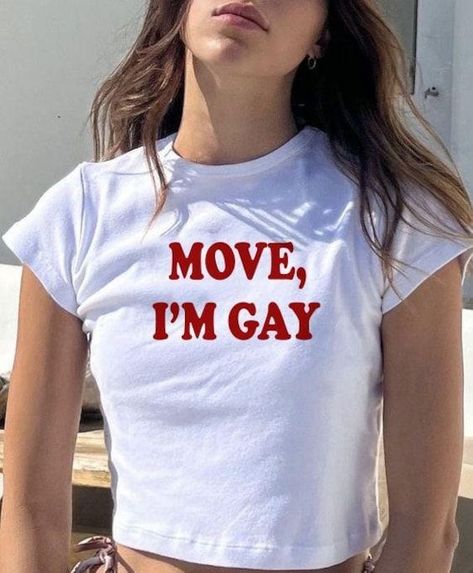 Express your LGBTQ+ pride with this bold "MOVE, I'M GAY" cropped t-shirt. Perfect for Pride parades or everyday wear, this shirt is a statement piece that shows your support for the community. Stand out and show your colors with this fun and stylish tee! How To Have Style, Funny Baby Tees, Tumblr T Shirt, Bebe T Shirt, Silly Shirt, Cute T Shirts, Pride Outfit, Y2k Clothing, Aesthetic Shirts