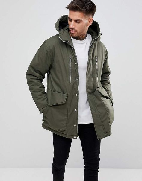 Pull&Bear Parka Jacket In Khaki Khaki Parka Outfit, Parka Outfit, Khaki Parka, Jean Jacket Men, Mens Jackets Casual, Khaki Fashion, Jackets Men Fashion, Types Of Jackets, Clothing Photography