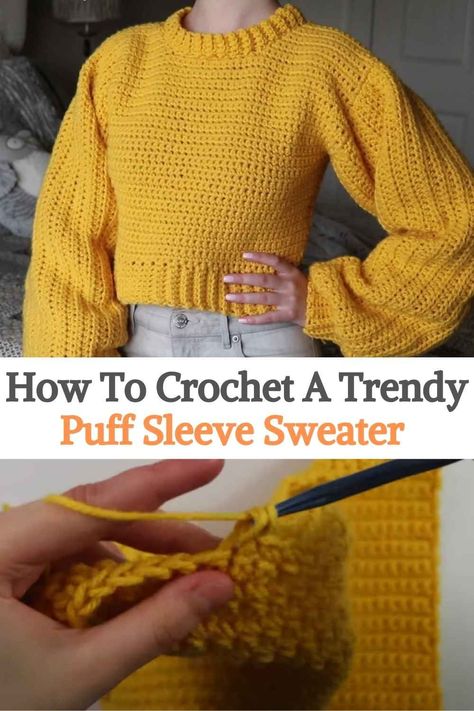 This is a crochet project for a Trendy Puff Sleeve Sweater. The original pattern comes in all sizes from XS, S, M, L, XL, 2XL, 3XL, but you can easily change the measurements according to your body shape at any time. The video tutorial for this pattern is very simple, the creator also guides us step by step throughout the project, so it is not a difficult challenge, even for crochet beginners. Remember to follow the recommendations of crochet and type of thread that the creator gives... How To Crochet A Sleeve For A Sweater, Crochet Puff Sleeves Pattern, How To Crochet Puff Sleeves, Puff Sleeve Sweater Crochet, Simple Cardigan Crochet Pattern Free, Crochet Top Puff Sleeve, Sweater Sleeves Crochet, Puffy Sleeve Crochet Top, Simple Crochet Jumper Free Pattern