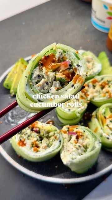 Arash Hashemi on Instagram: "🥒HIGH PROTEIN CHICKEN SALAD CUCUMBER ROLLS. . If you are tight on time but still want to eat a ridiculously good high protein meal, checkout this chicken salad. I ate it as cucumber rolls and these were amazing. . Here is how to make it:  1. Start with 1lb of cooked, shredded chicken (I just shredded 4 cooked chicken breasts, but rotisserie works too). Shred with two forks or thinly dice it up. 2. Finely dice 1/2 a red onion and soak it in 2 cups of water for 10 minutes to mellow the flavor, then drain and add to a bowl. 3. Chop a handful of fresh cilantro, cube 1 avocado, and toss both into the bowl. 4. For the dressing, blend together: 5 tbsp cottage cheese, 3 tbsp mayo, 1 tbsp onion powder, juice of 3 limes, a handful of cilantro, a generous couple pinches Cucumber Dill Rotisserie Chicken Salad, High Protein Chicken Salad Cucumber Roll, Chicken Salad Cucumber Roll, Chicken Salad Cucumber Roll Ups, Chicken Salad Rolls, Protein Chicken Salad, High Protein Chicken Salad, Cucumber Chicken, Cucumber Roll Ups