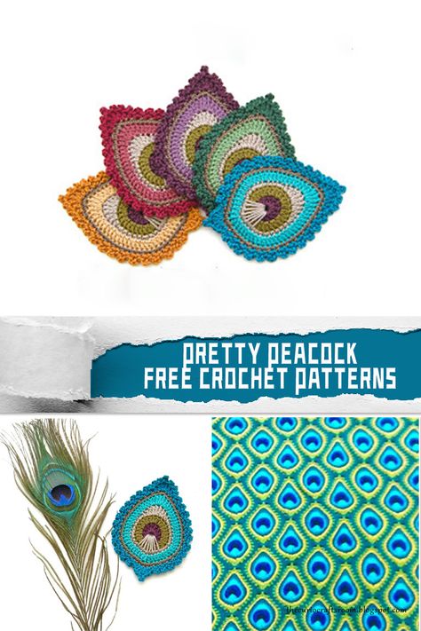 Pretty Peacock Crochet Patterns - FREE - iGOODideas.com Peacock Granny Square, Crochet Peacock Feather Free Pattern, Peacock Fan Crochet Stitch, Peacock Crochet Pattern, Crochet Peacock Applique, Feather Crochet, Crochet Spring Hat, Peacock Crochet, Crochet Game