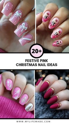 Pink And Green Holiday Nails, Pink And Green Christmas Nails, Christmas Nail Designs Pink, Pink Christmas Nails Acrylic, Pastel Christmas Nails, Pink Christmas Nail Designs, Pink Christmas Nail, Sparkly Christmas Nails, Pink Christmas Nails