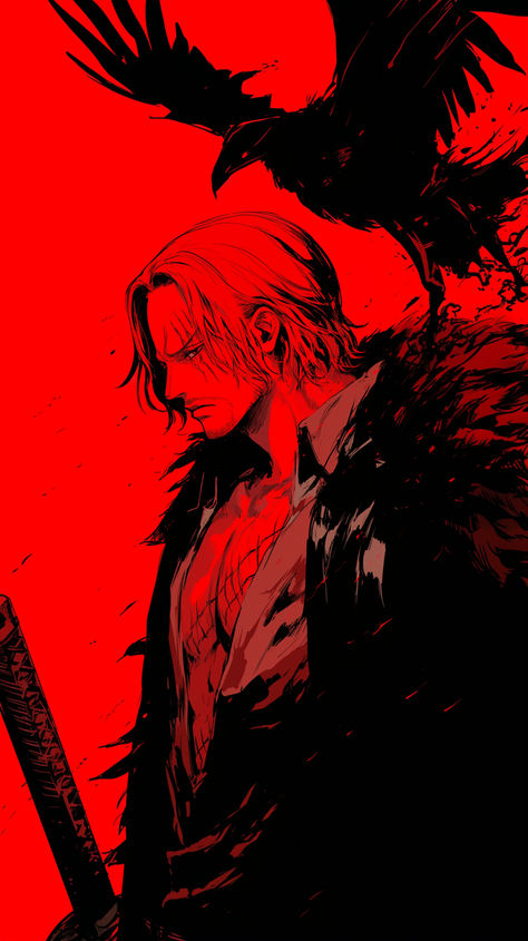 Red haired shanks wallpaper two toned black and red Shanks Desktop Wallpaper, One Piece Red Hair Pirates, Shanks X Luffy, Shanks Wallpapers, Shanks Pfp, Shanks Fanart, Op Character, Red Haired Shanks, Red Hair Pirates