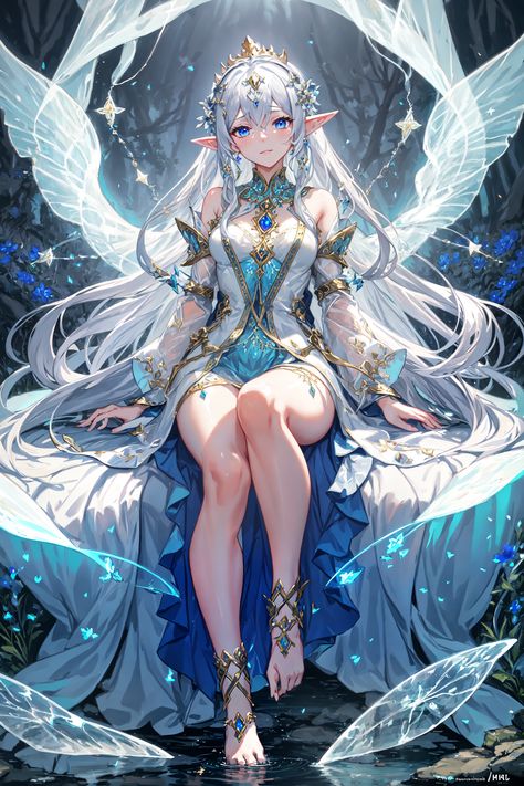 "Discover the serene magic of a moonlit enchanted forest with our digital painting pin. Marvel at a solo elf adorned with intricate jewelry and ethereal gown, exuding an ancient, celestial aura amidst mystical surroundings. Let her glowing runes and whispered enchantments lead you to a tranquil, dreamlike clarity." Elf Character Art, Elf Priestess, Weiblicher Elf, Intricate Jewelry, Enchanted Characters, Ethereal Gown, Moonlit Forest, Elves Fantasy, My Fantasy World