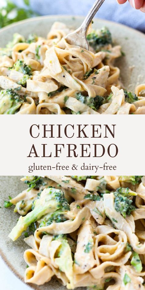 Dairy Free Chicken Alfredo, Chicken Alfredo With Broccoli, Buttermilk Baking, Alfredo With Broccoli, Gluten Free Dairy Free Recipes Dinner, Dairy Free Pasta Recipes, Gluten Free Dairy Free Dinner, Dairy Free Cooking, Dairy Free Recipes Dinner