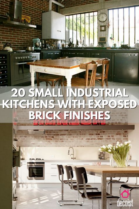 A brick wall is a staple in modern industrial decor. Industrial Brick Kitchen, Brick Wall In Kitchen, Brick Backsplash Kitchen Industrial, Brick Wall Interior Bakery, Exposed Brick Coffee Shop, Kitchen Exposed Brick, Small Industrial Kitchen Design Brick Walls, Kitchen Brick Wall, Brick Wall Kitchen